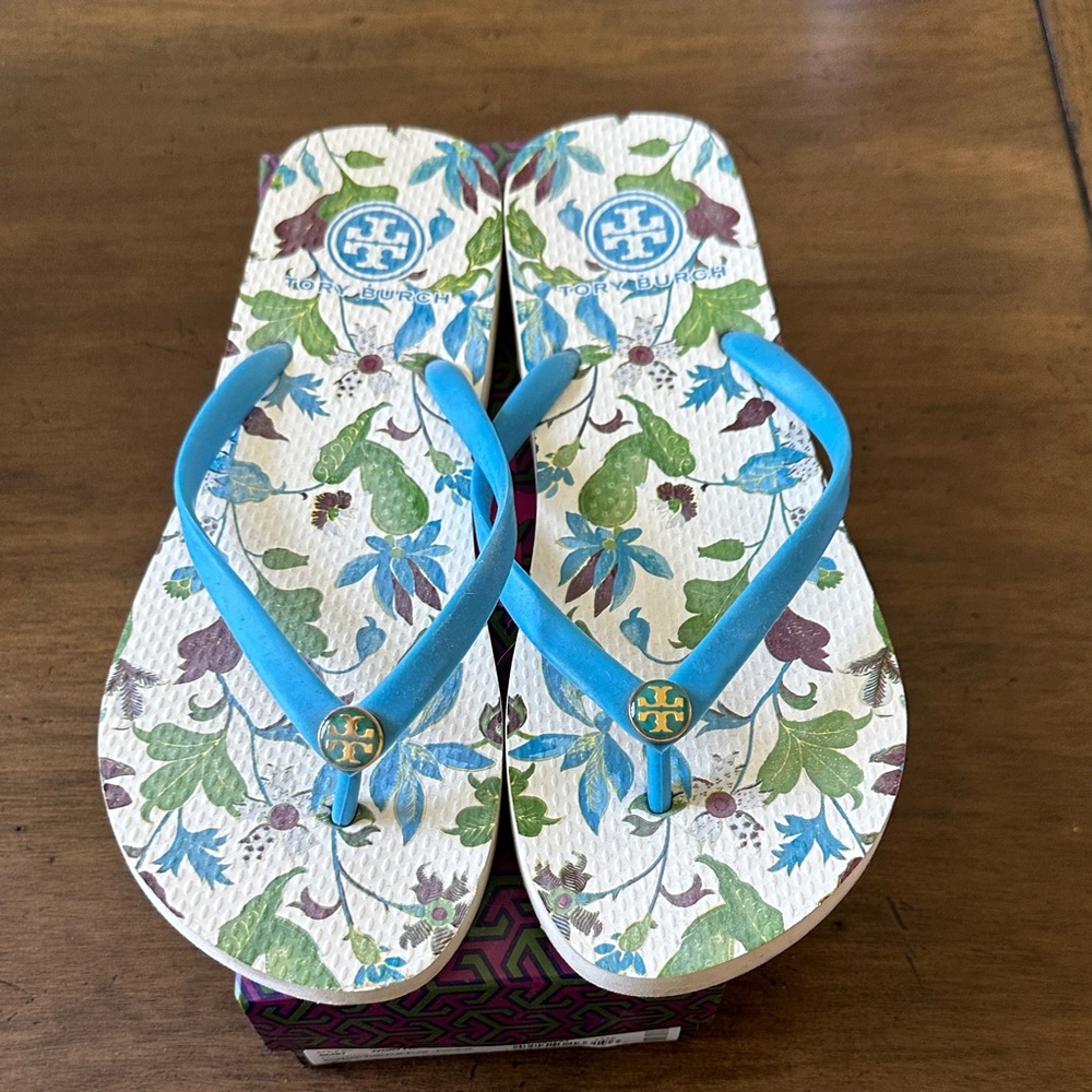 Tory Burch Blue Strap Floral Flip Flops